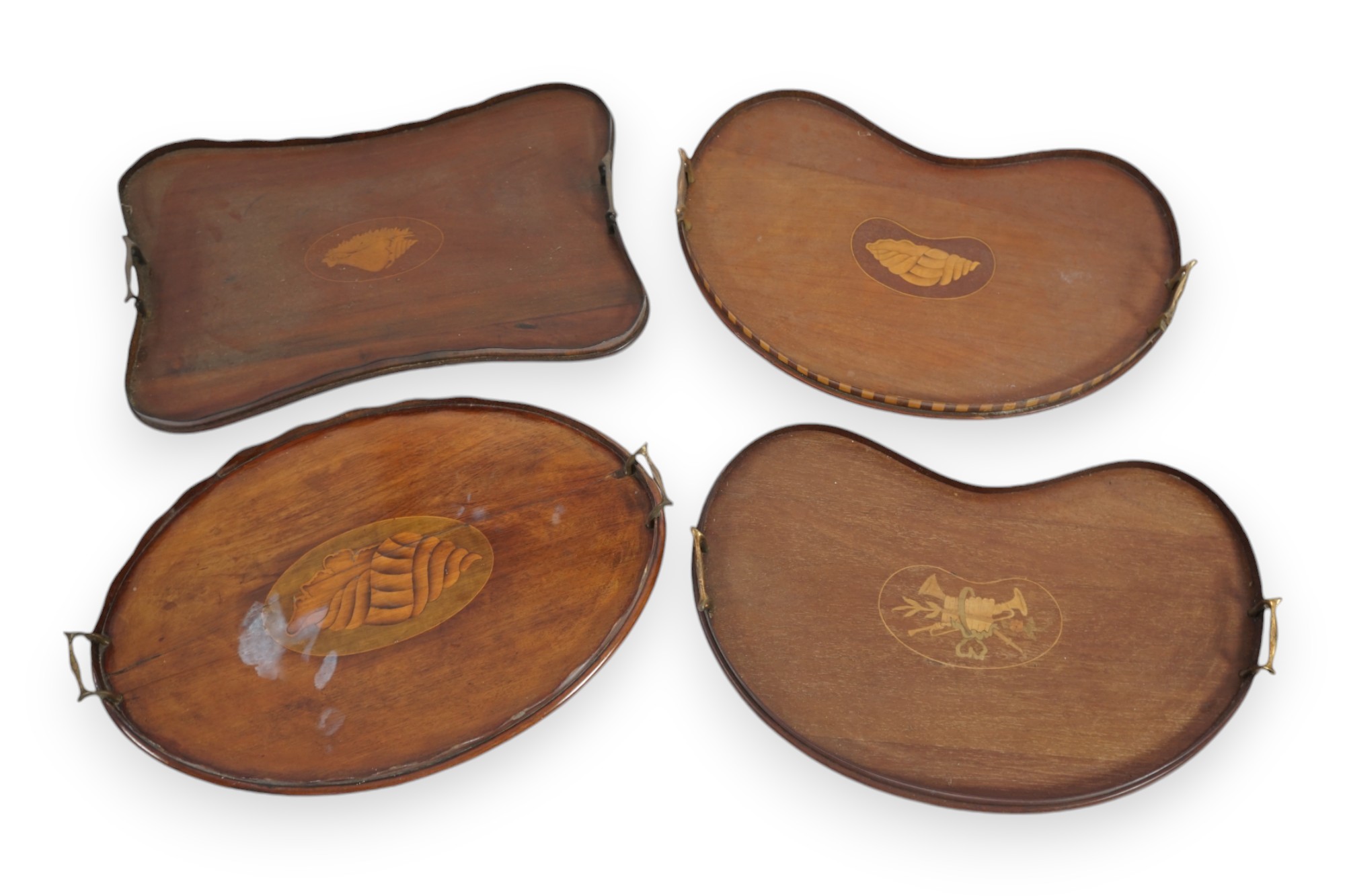 Four Edwardian inlaid mahogany gallery trays